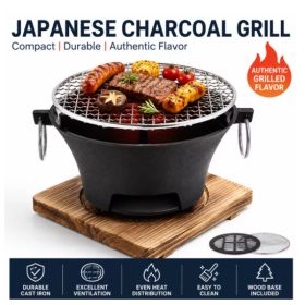 KL1 Portable Charcoal Grill Mini Tabletop BBQ Cast Iron Body Stainless Steel Removable Grill Net Heat Resistant Wooden Base Silver Carry Rings (Option: Black)