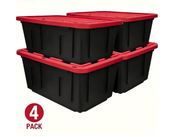 27 Gallon Large Storage Bin with Snap Lid, Black and Red, Heavy Duty Plastic Storage Container (Pack Size: 4 Pack)