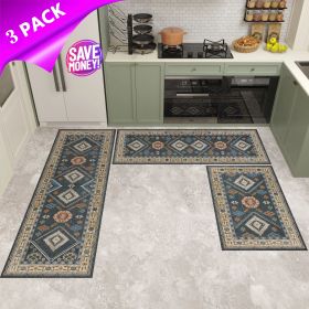Kitchen Rug Sets 3 Piece with Runner Non Slip Kitchen Rugs and Mats Washable Kitchen Mats for Floor Thick Kitchen Floor Mat Carpet Runner Rugs fo (Color: Blue)